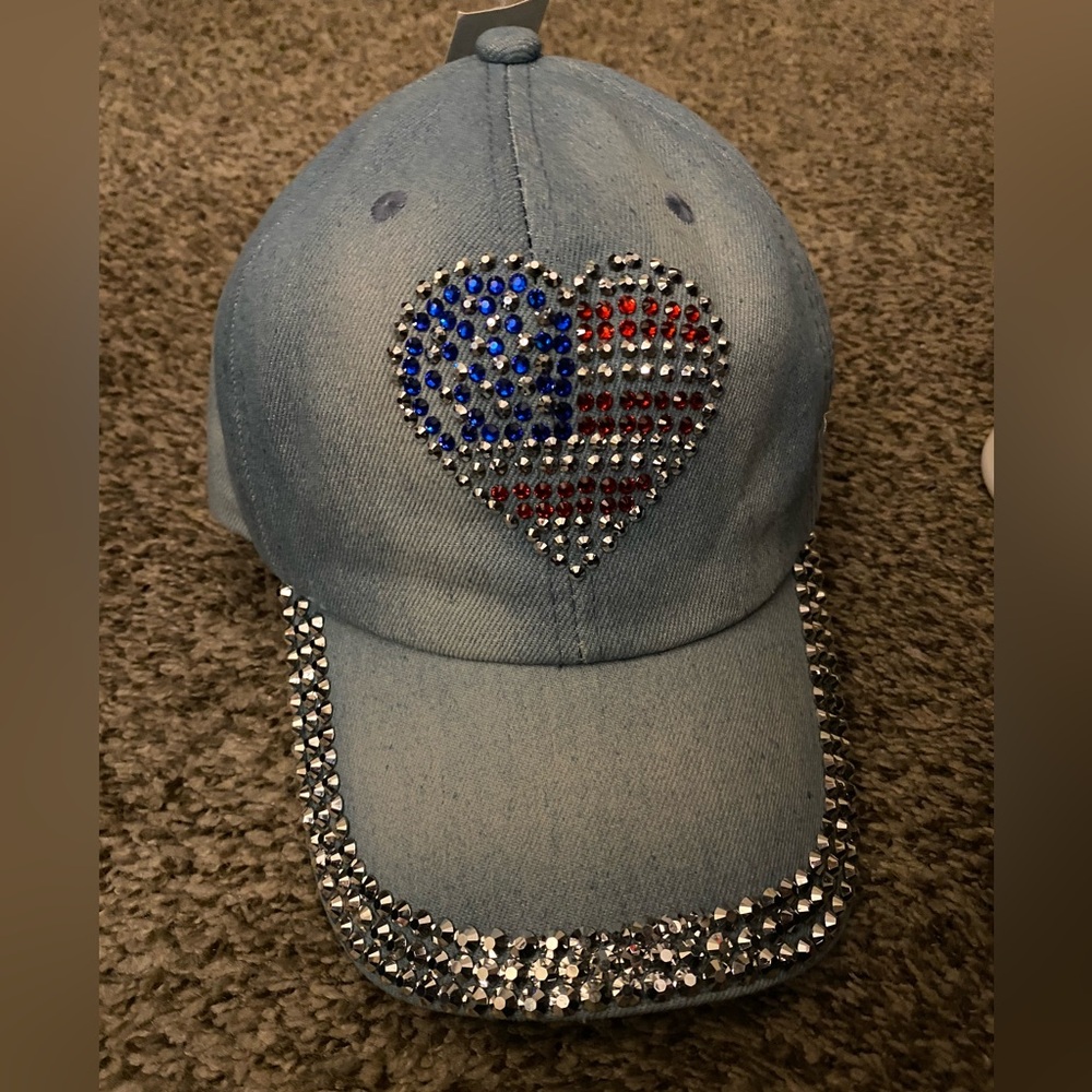 Denim Cap with Patriot Flag Rhinestone Heart Design